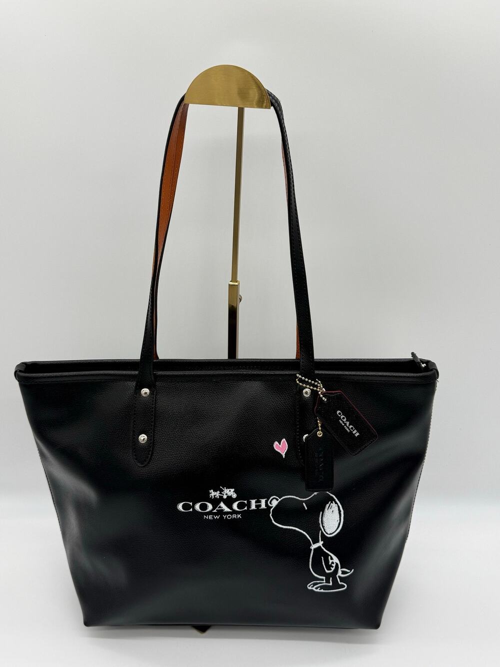 Coach x Peanuts Snoopy Black Leather Zip Gallery Tote Bag Authentic Handbag